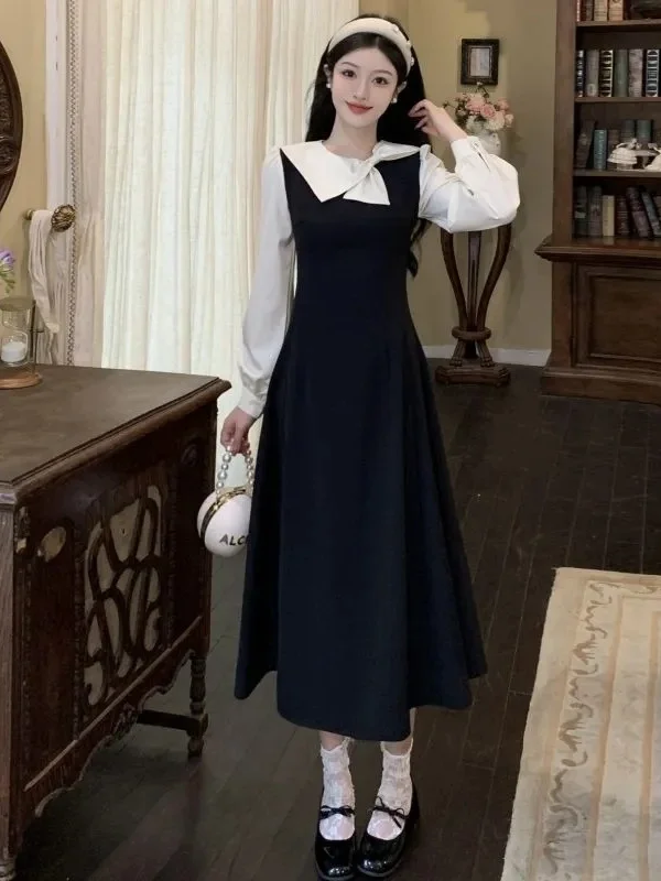 Large Size Hepburn Style Fake Two-Piece Dress Elegant Ladylike Autumn New Arrival Midi Skirt Long Sleeve Knot Frenc... 5