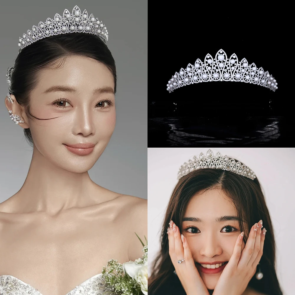 Himstory Luxury Pearl Hair Accessories Bride Wedding Zircon Princess Tiaras Party Birthday Event  Headpiece Jewelries