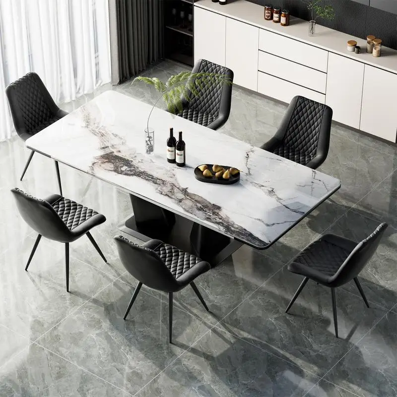 كراسي طعام من جلد البولي يوريثان باللون الأسود مكونة من قطعتين - تصميم مريح مع غرزة ماسية وإطار حديدي