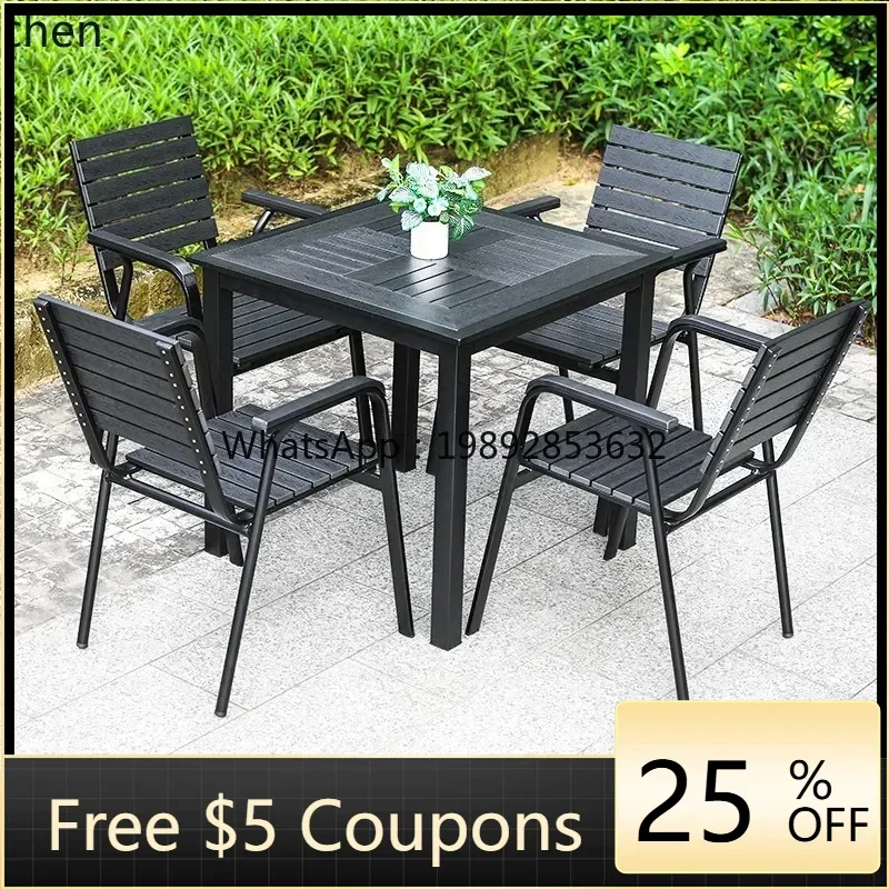 

ZZ Outdoor Plastic Wood Tabletop Courtyard Balcony Garden Villa Open-air Outdoor Table and Chairs