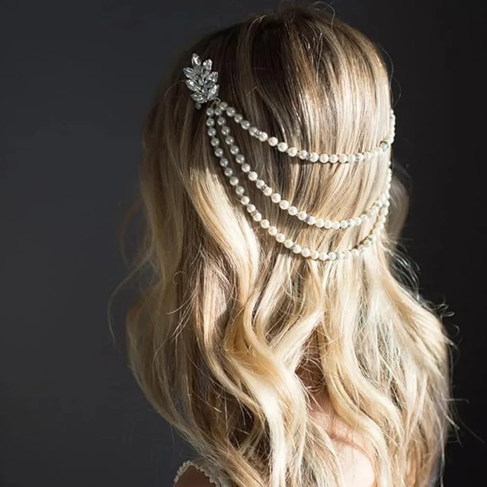 New multi-layer pearl hair chain women's simple retro bridal wedding headgear high-end fashion rhinestone plug comb