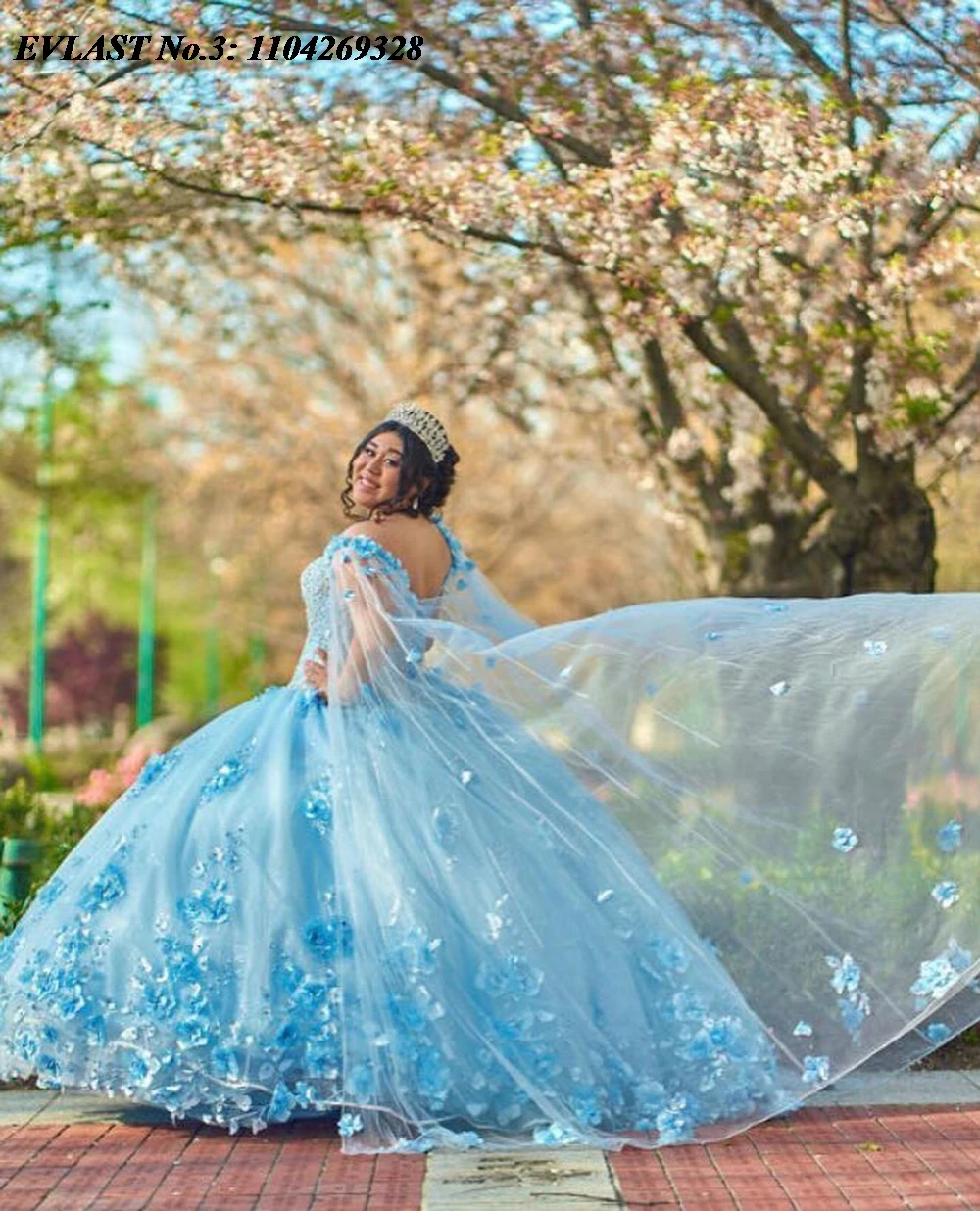 EVLAST Customized Sky Blue Quinceanera Dress Ball Gown Floral Applique Beaded Cape Corset Sweet 16 Vestido De 15 Anos E3Q350