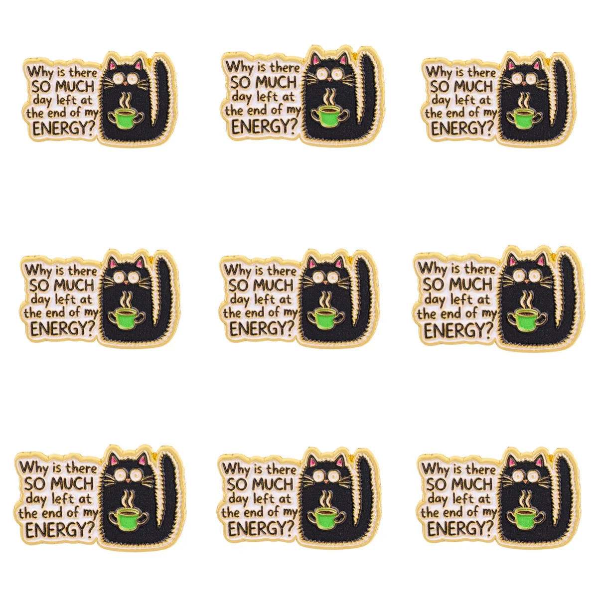 9pcs Funny Tired Black Cat Coffee Enamel Pin Sarcastic Quote Lapel Brooch Cartoon Animal Metal Badge Backpack Clothes Decor Gift