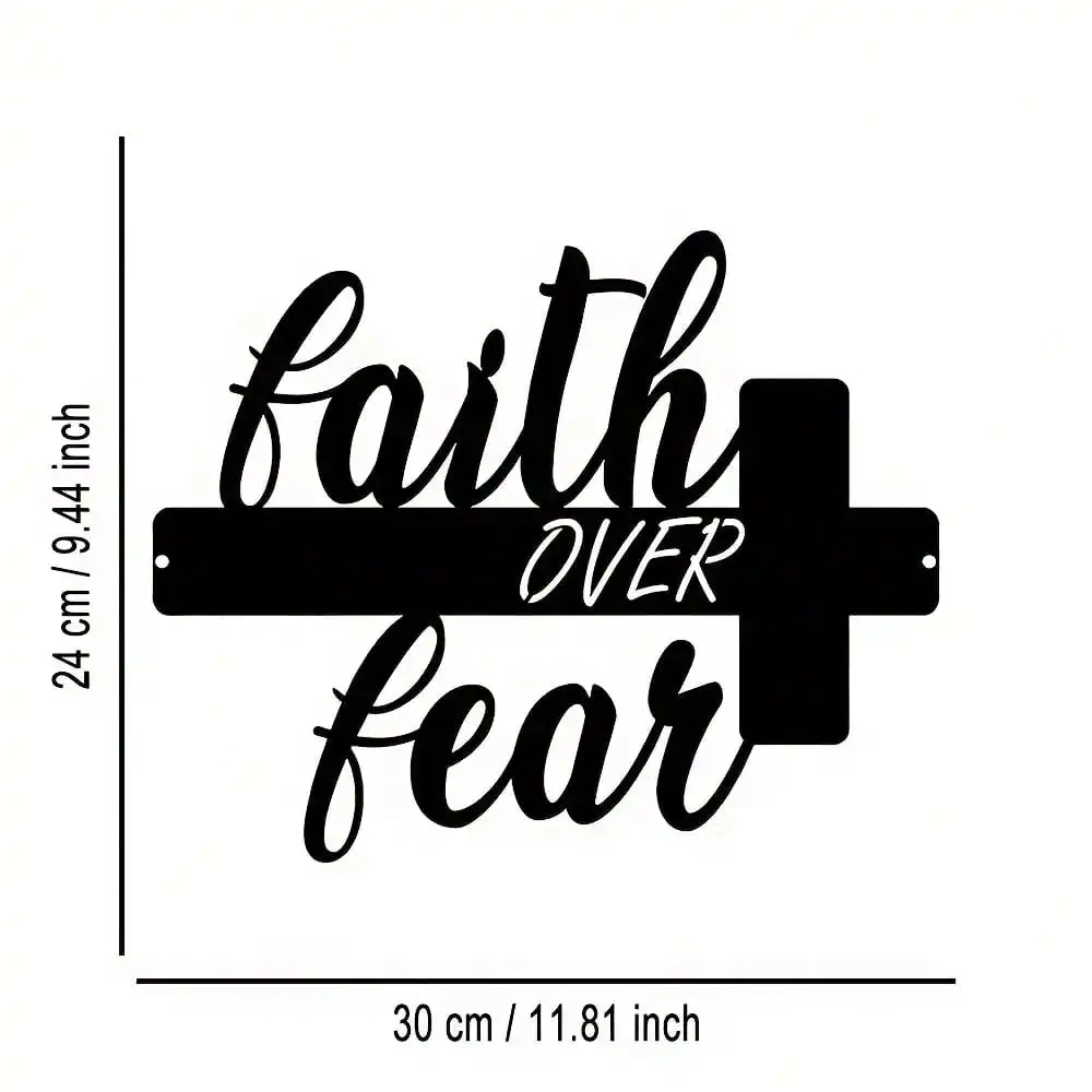 Faith Over Fear Cross Metal Wall Sign Vintage Forged Iron Scripture Plaque Inspirational Farmhouse Home Office Motivational Gift