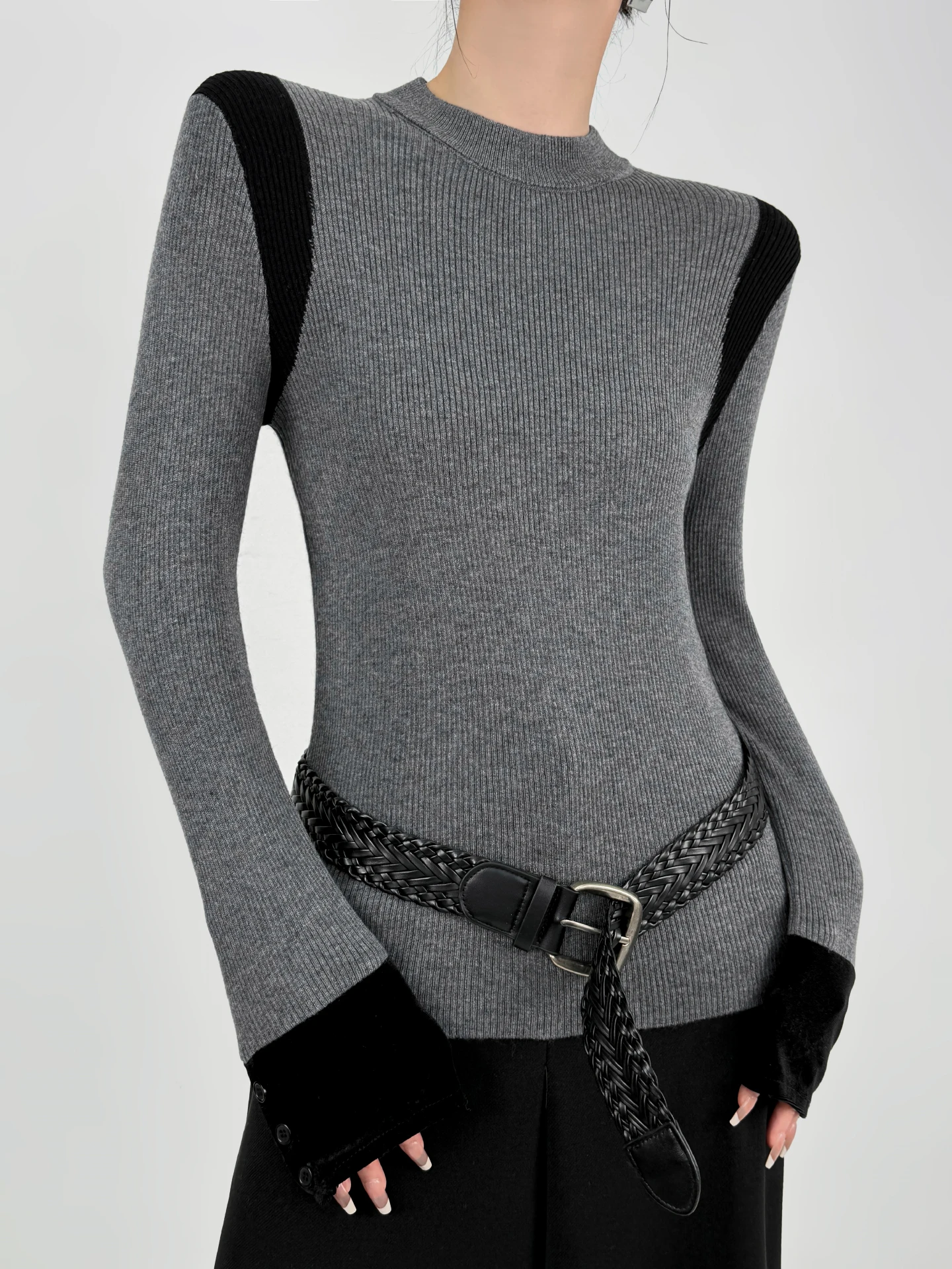 

Женский вязаный свитер Double Z High-End с высоким воротником, цветными блоками и бархатными рукавами, осенне-зимний, приталенный, базовый