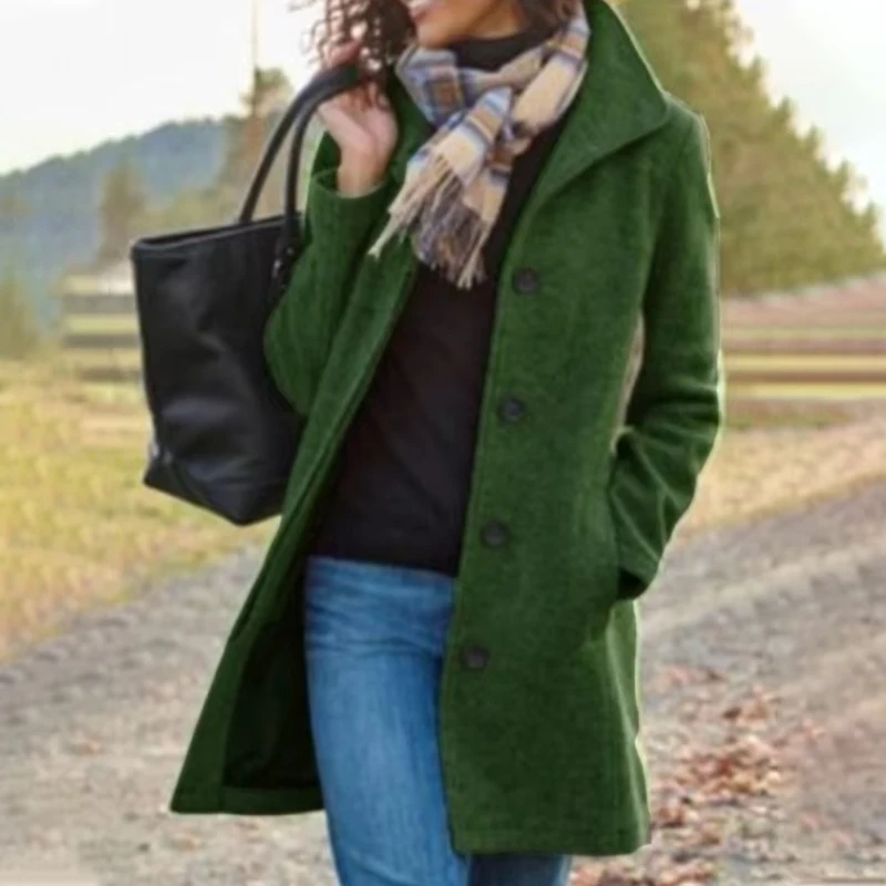 

Women Autumn Winter Woolen Coat Solid Color Long Sleeve Turndown Collar Button Pockets Fashion Warm Comfortable Female Outerwear