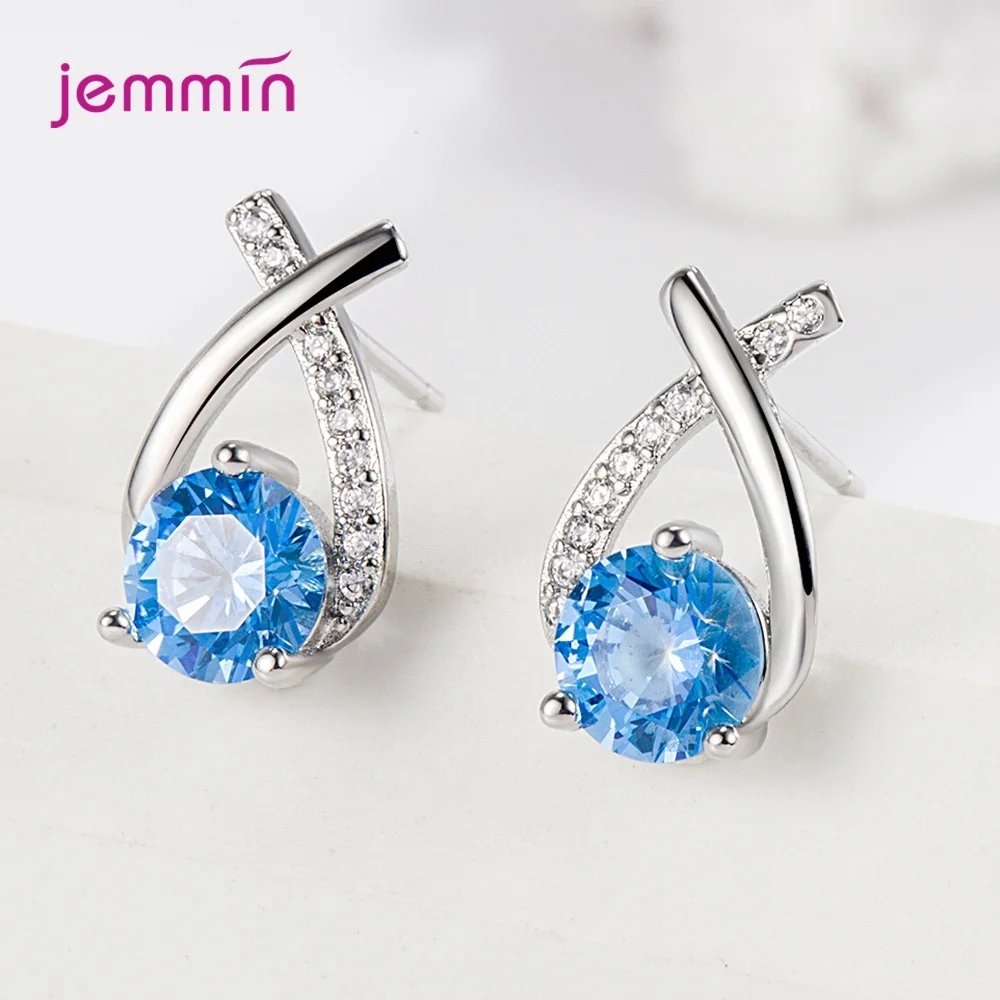 

Genuine 925 Sterling Silver Abstract Design Stud Earrings Shiny Crystal Charm Stud Earrings For Women Girls Fine Jewelry