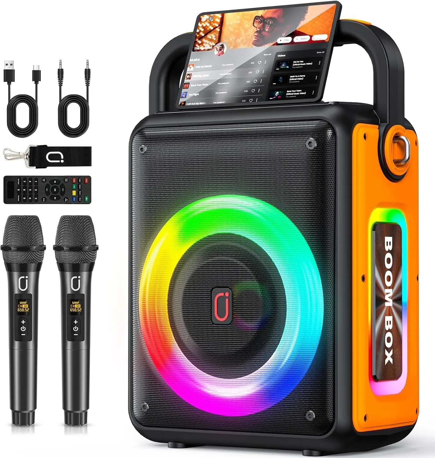 

Jyx Adult and Kidsren Portable Bluetooth Karaoke Speaker with Two Wireless Microphone Bass and Treble for Party/ Meeting 6000Mah Battery/Remote Control, Strap, USB Charging Cable Type-C Plug Suitable for Home Parties, Garage, Camping Style