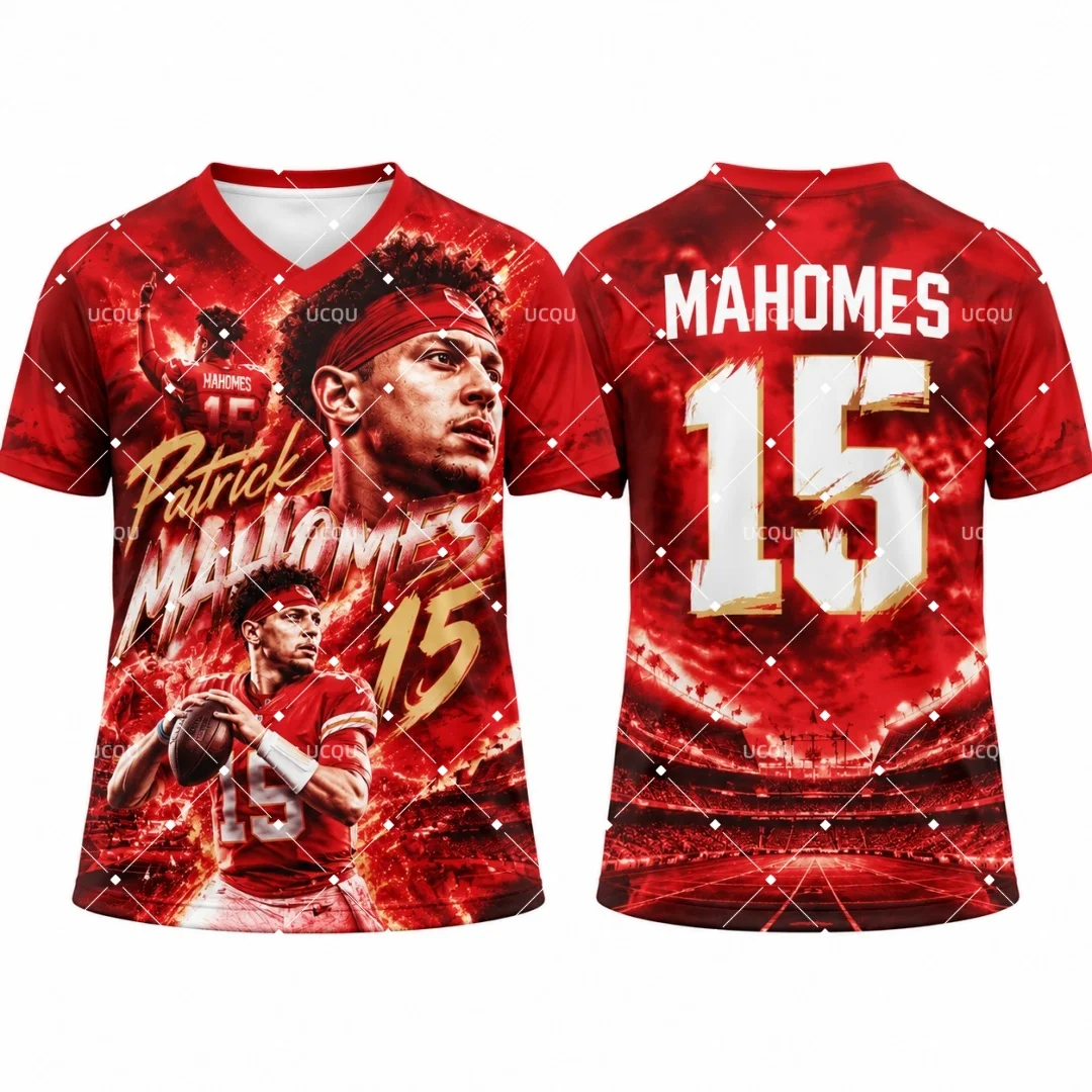 26-27 Patrick Mahomes #15 American Football Jersey Men Women Kids V Neck Short Sleeve Fan Game Day Graphic Sport Uniform