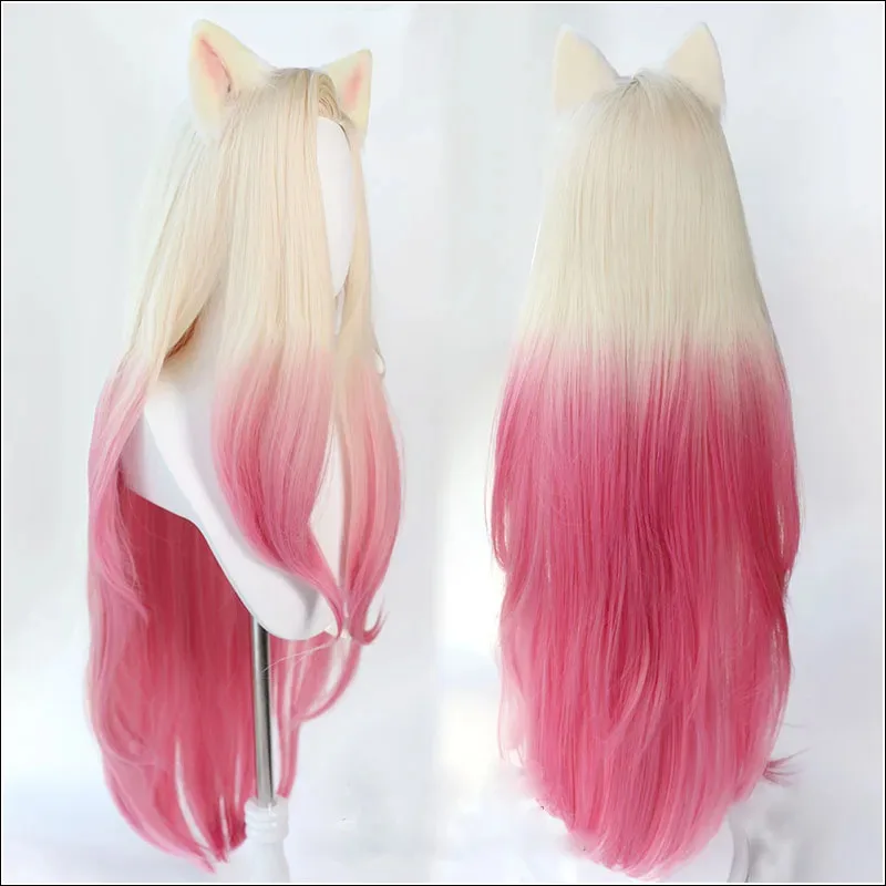 

ff34LOL KDA Baddest Ahri Cosplay with Ears Synthetic Blonde Mixed Pink Heat Resistant Hair Wigs + Wig Ca