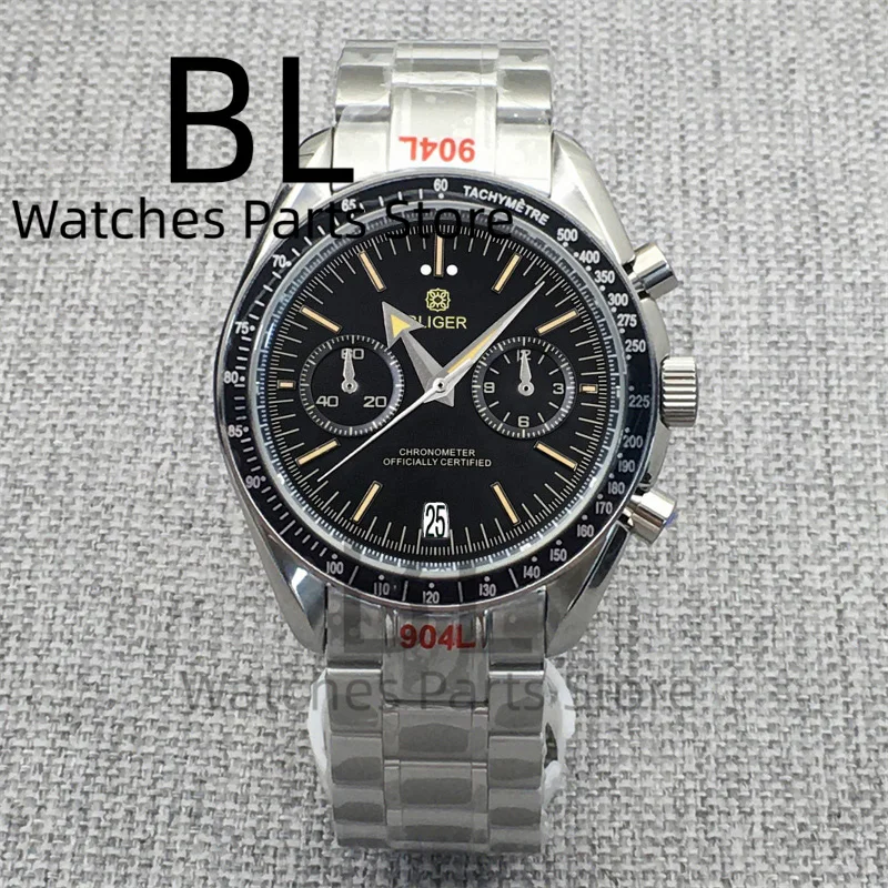 BLIGER 39.5mm Customized 6 O'clock Date VK64 Chronograph Moon Watch For Men Water Resistant Luminous Dial Stainless Steel Watch