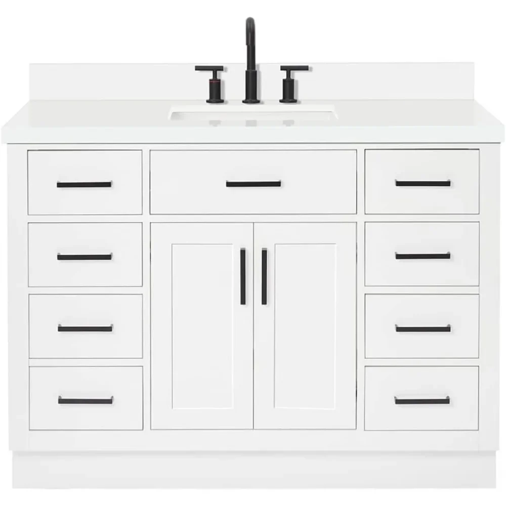 49 inch bathroom vanity white, 1.5 inch edge quartz countertop, rectangular sink, 2 soft closing doors, 9 fully extended drawers