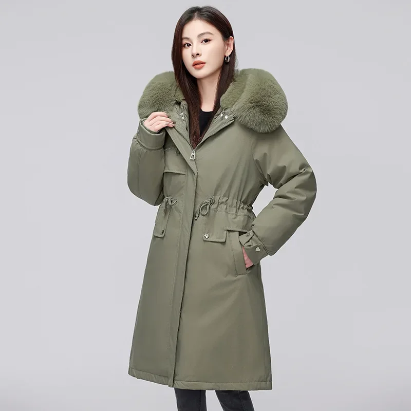 Superare la giacca invernale in cotone staccabile da media a lunga ispessita da donna, cappotto in cotone da donna, cappotto con colletto a pelo largo 2024