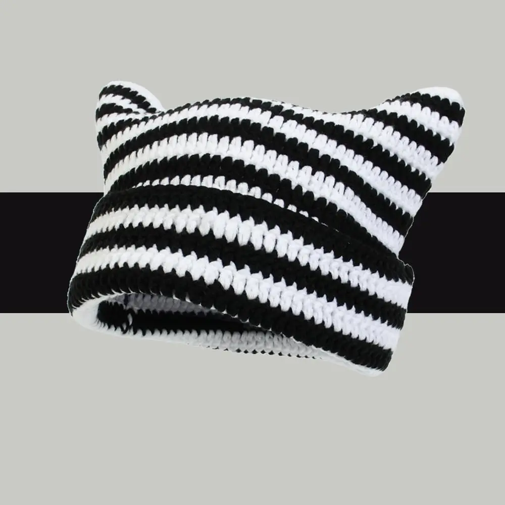 Cute Cat Ear Beanie Crochet Hats for Women Girl Knitted Y2K Striped Winter Warm Loose Fit Handmade HipHop Stylish Skullies Cap