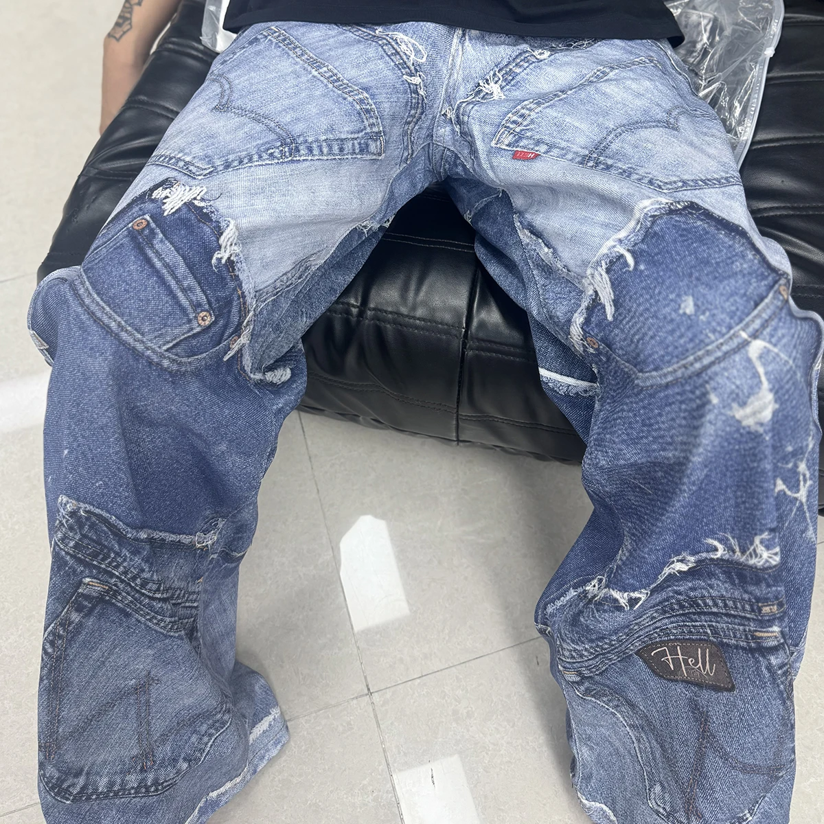 American Vintage Anatomical Splicing 3D Digital Spray Splashed Dyed Jeans Men and Women Wide Leg Frayed Baggy Denim Trousers