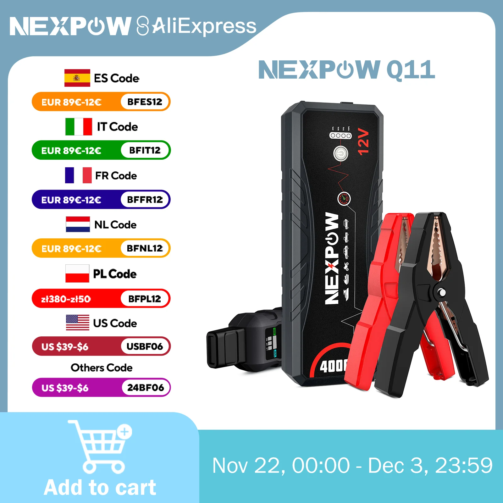 NEXPOW 4000A Portable Car Jump Starter Power Bank, 12V for All Petrol & 10.0L Diesel Engines, with LED Torch, USB & Jump Cable