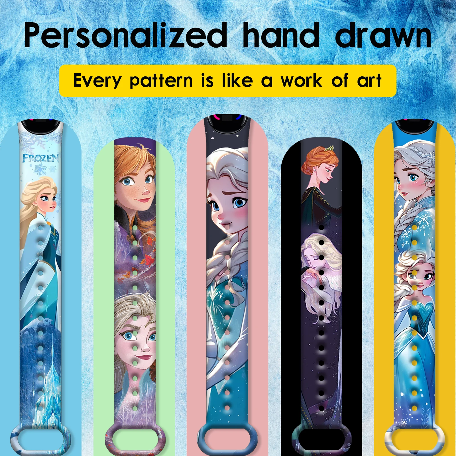 디즈니 겨울왕국 프린트 시계줄 샤오미 미 밴드 7 6 5 4 3용 손목 스트랩 교체 가능한 팔찌 미 밴드 스마트워치 액세서리
