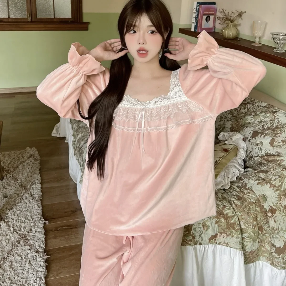 Women 2Pcs Pajamas Suit Island Velvet Top&pants Loose Outfit Winter Sleepwear Princess Style Nightwear Autumn Loungewear