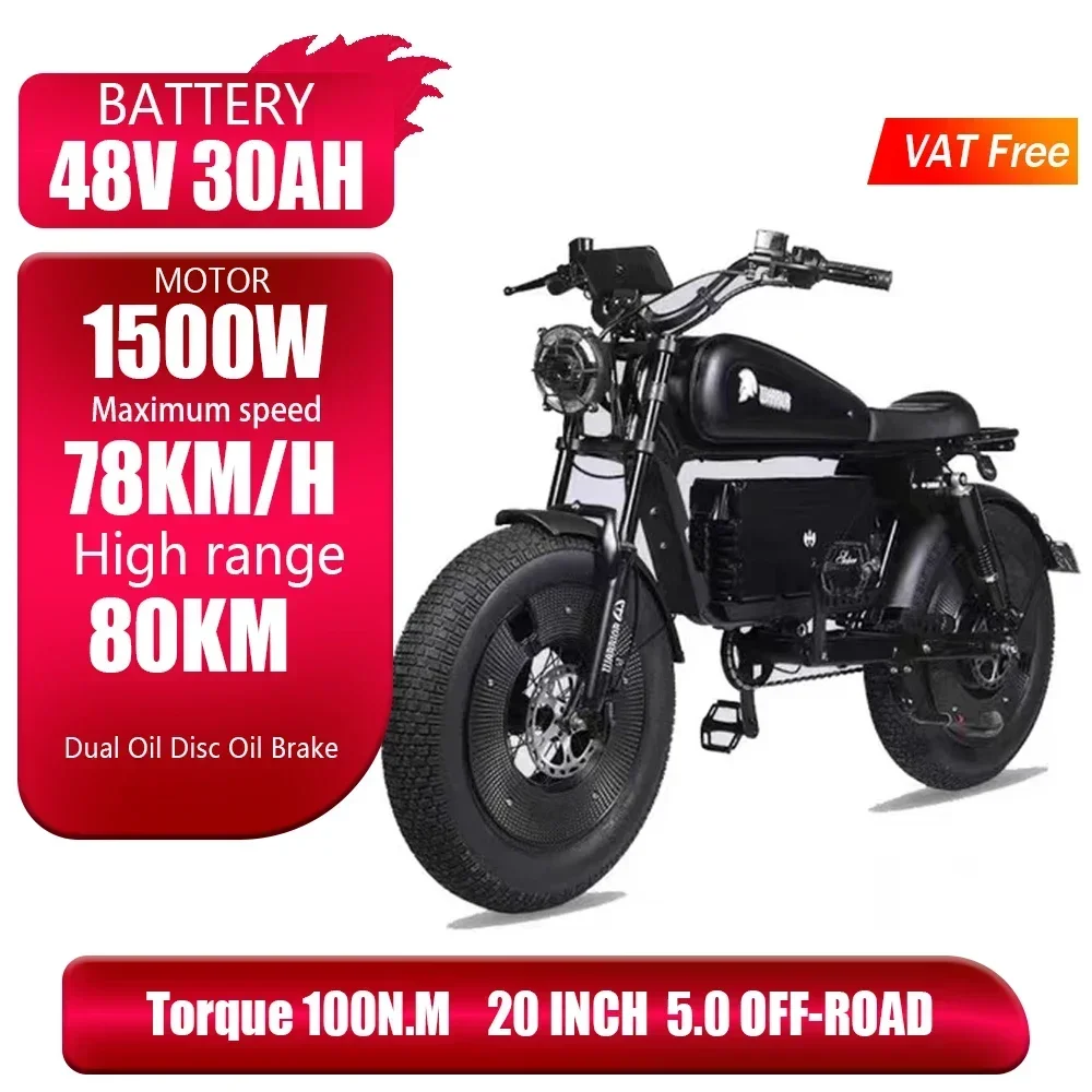 1500W 48V60AH Black Warrior Motorbikes 20inch Fat Tyre Electric Bike Adult Road Hydraulic brake E-bike Adult Road  Electric Bike image 3
