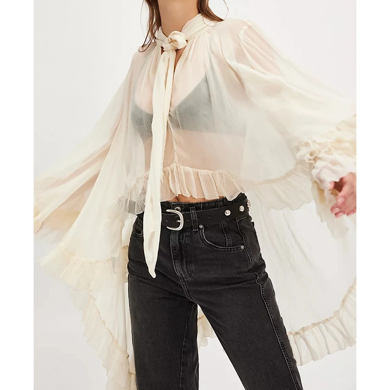 

Combhasaki Women Chic Irregular Ruffled Hem Cape Top Bow Tied Neck Shirts Solid Color See Through Loose Fit Long Sleeve Blouses