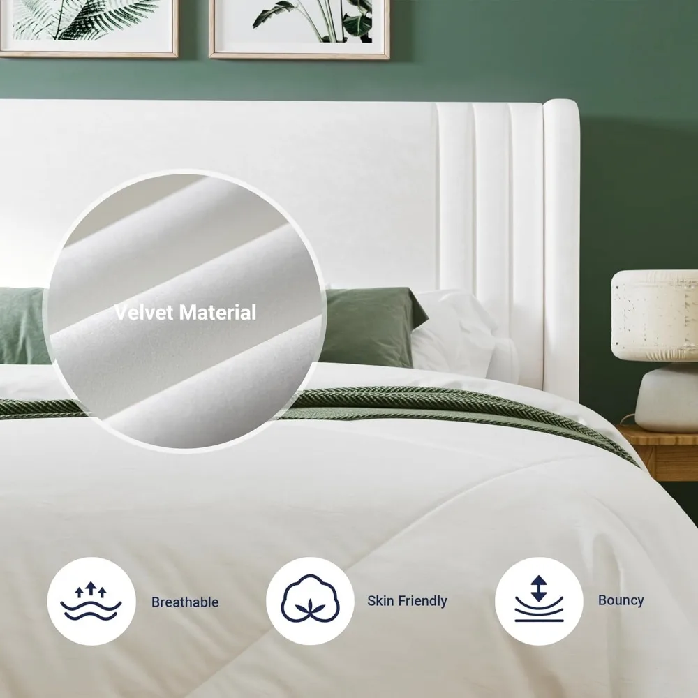 Velvet Queen Size Platform Bed Frame with Vertical Tufted Wingback Headboard, Easy Assembly, Underbed Storage, No Box Spring Nee