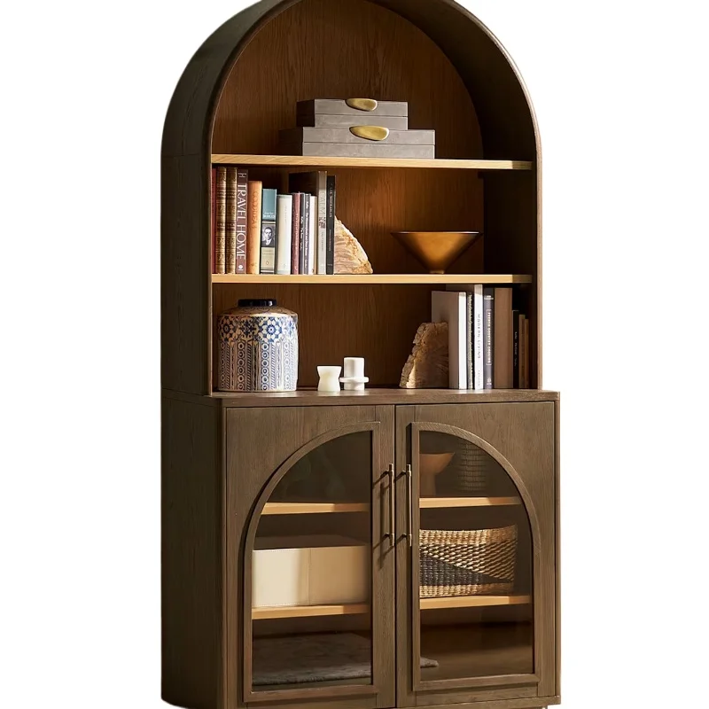 

American light luxury solid wood bookcase, antique arched glass door dining side French retro storage display