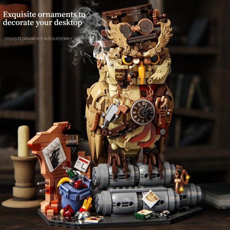 MOC Punk Detective Owl Model Building blocks Creative Animal Desktop Exquisite Ornaments Bricks Toy Gift For Children Adult