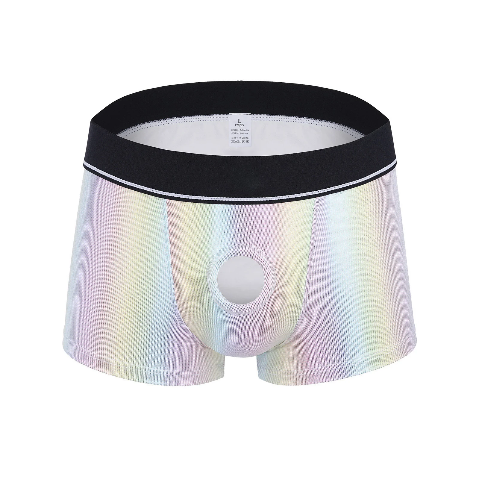 Herren-Dessous: Glänzende Metallic-Boxershorts mit integriertem Silikonring, tief sitzend, mit Cutout-Pouch, Unterwäsche für Rave & Nachtclub-Kostüme – Detail 15