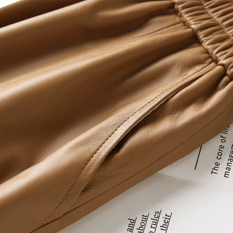 Casual Leather Skirt For Women Harajuku Lazy Style A-line Pockets Pleated Calf Long Jupe Femme Elastic Waist Beige Ropa Coreana