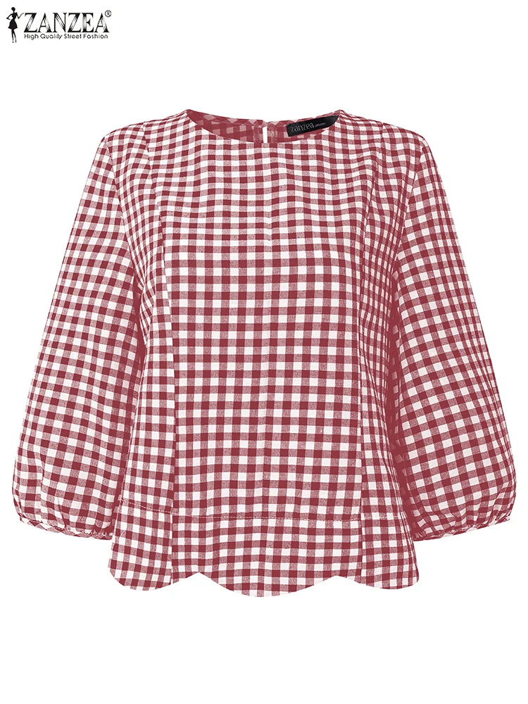 

ZANZEA Plus Size Blouses Women Vintage Autumn Plaid Fashion 3/4 Sleeve Checked Shirts Casual Loose O-Neck Tunic Top Blusas Femme