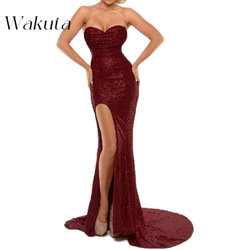 Wakuta American Sexy Bustier Strapless Sequin Wedding Dress Fashion Temperament High Open Fork Trailing Maxi Engagement Dresses