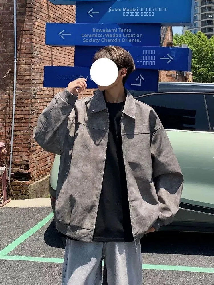 

Retro American PU Leather Jaet Men's Loose Collar Street Sle Trendy Brand High-End Feel Outerwear Spring Autumn New Model