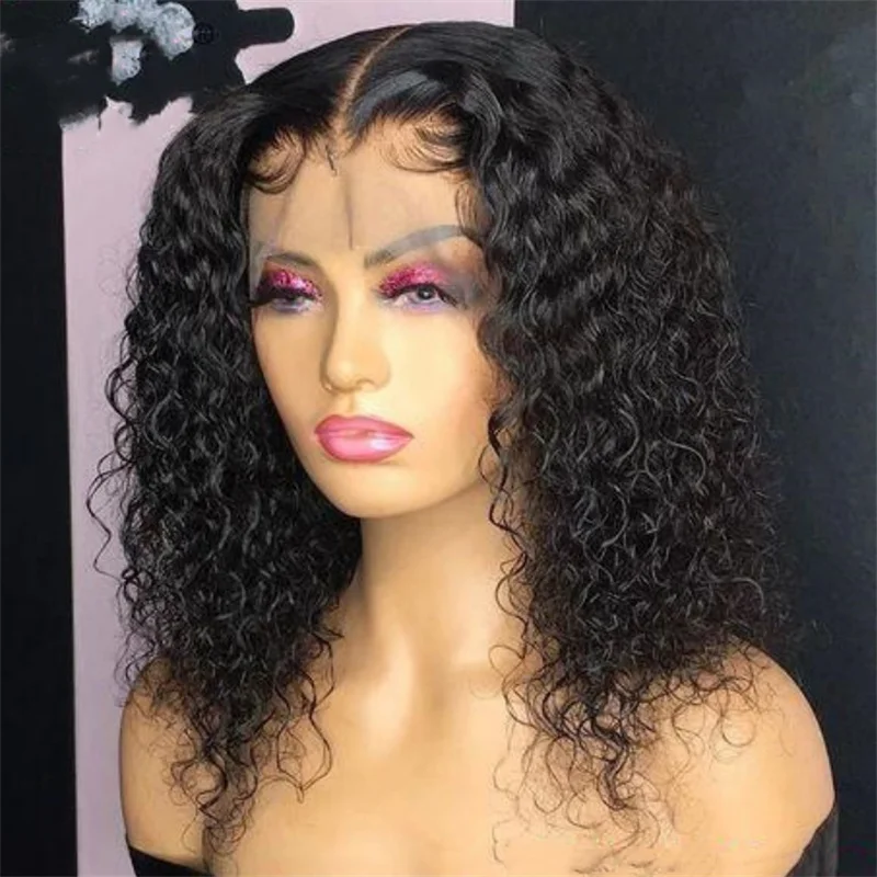 Peluca rizada frontal de encaje profundo para mujer, pelo de bebé, suave, largo, negro Natural, 180de densidad, predesplumado, sin pegamento, diario, 26 pulgadas