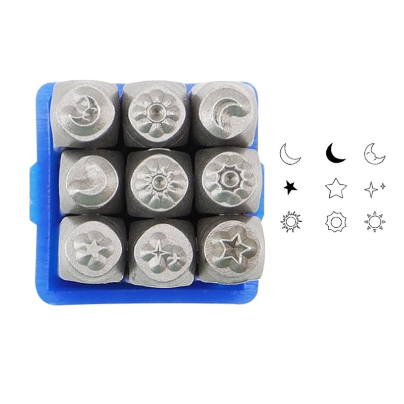 9 Pieces Celestials Designs Sturdy Steel Metal Stamps Set for Custom Jewelry Crafting and Personalizing Soft Metals