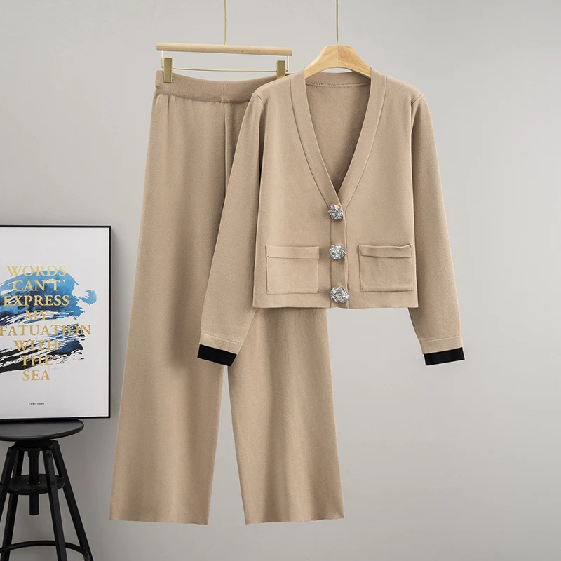 

Fashion Knitted Two Pieces Sets Single Breasted Cardigan High Waist Wide Leg Long Pants 2025 New Splicing Sweater Suits