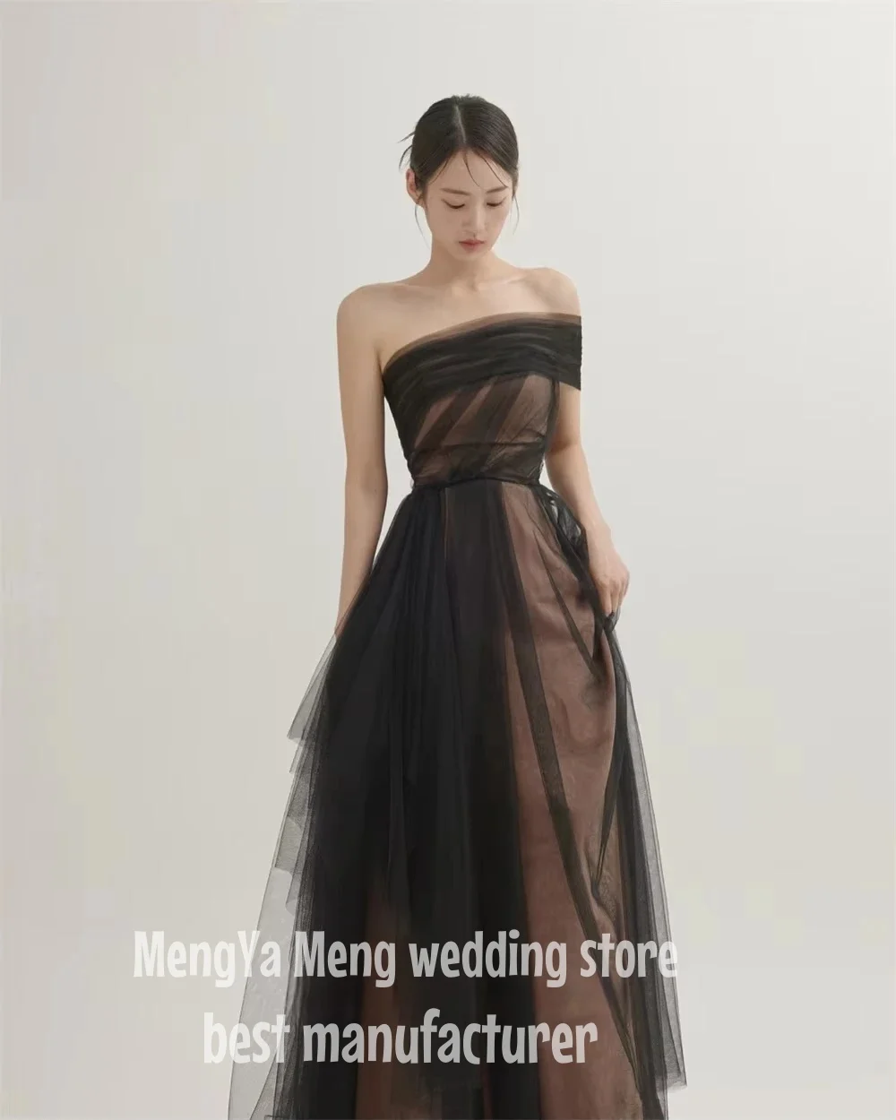 ZHUISHU Customized Simple Black Beach Korea Lady Prom Dresses Tulle One Shoulder Floor Length Formal Evening Dress 빅사이즈 파티