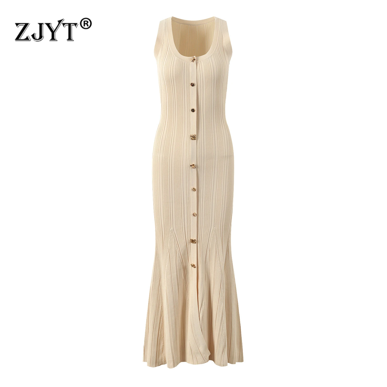 

ZJYT Elegant Women's Long Mermaid Knitting Dresses Autumn Europe Fashion Sleeveless U Neck High Stretch Party Dress Slim Fit