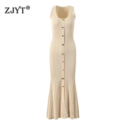 ZJYT Elegant Women's Long Mermaid Knitting Dresses Autumn Europe Fashion Sleeveless U Neck High Stretch Party Dress Slim Fit