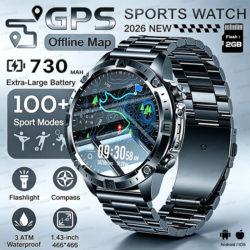 

Smart Watch Men GPS Track High End watch Swim Waterproof Watch Six Axis Sensor Sports 2GB Memory Offline Map Compass Smartwatch