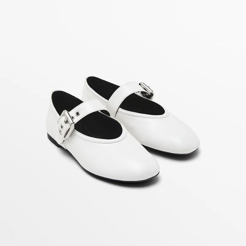 Withered Summer Minimalist Women's Shoes French Niche Mary Jane Shoes Genuine Leather Buckle With Flat Bottom White Ballet Shoes