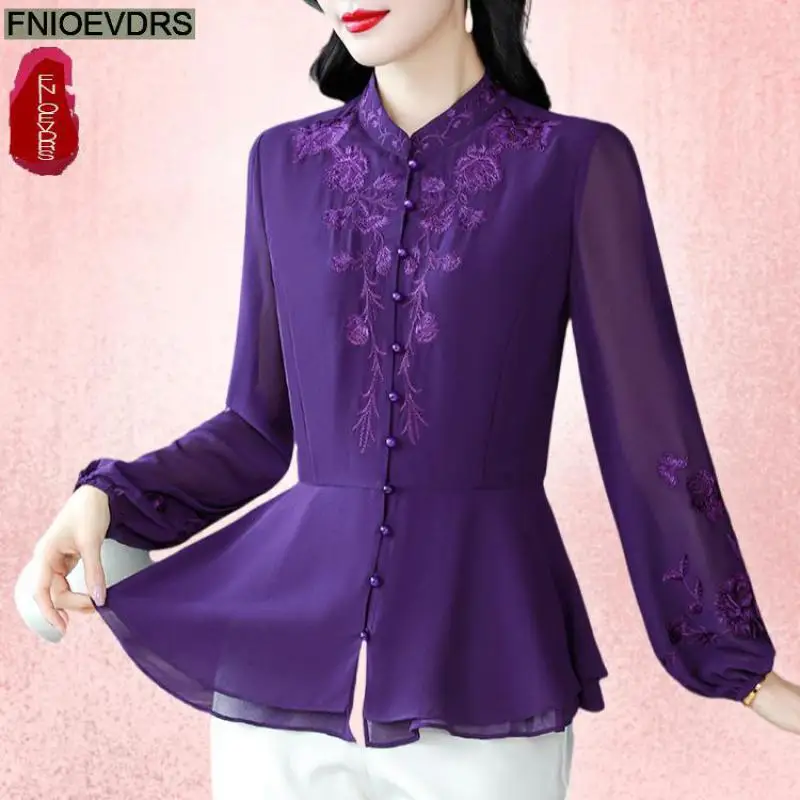 

Embroidery Retro Vintage Peplum Tops Purple New Design Women 2024 Autumn Long Sleeve Stand Collar Ruffles Basics Shirts Blouses