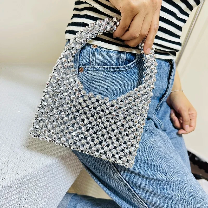 Summer Small Purse Bag Handbag for Women 2024 Designer Luxury Brand Fashion Ladies Bright Solid Color Handmade Bead Bag