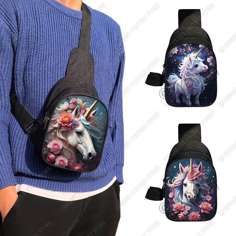 

Cute Unicorn with Flower Print Chest Bag Fantasy Unicorn Women Crossbody Bags for Travel Shoulder Bags Key Phone Holder