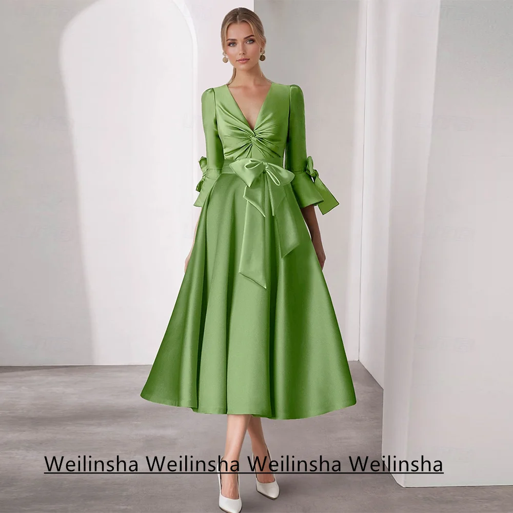 Customized Apple Green Mother of The Bride Dress Long Sleeves Ruched Pleat V Neck Bow Tea Length Satin Wedding Guest Party Gown