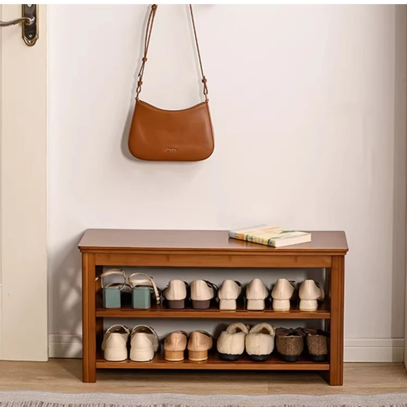 Bamboo Entryway Shoe Bench Space Saving Hall Shoes Organizer Multifunctional Shoe Rack Cabinet Double