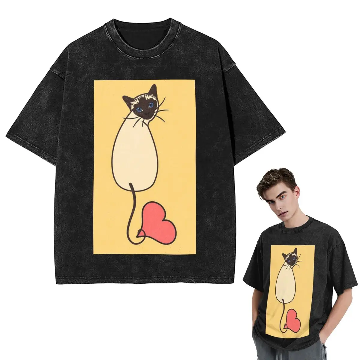 Streetwear T-Shirts Love Siamese Cat-Yellow Washed T Shirt Short Sleeve Hip Hop T-Shirt Tops Tees for Men Women