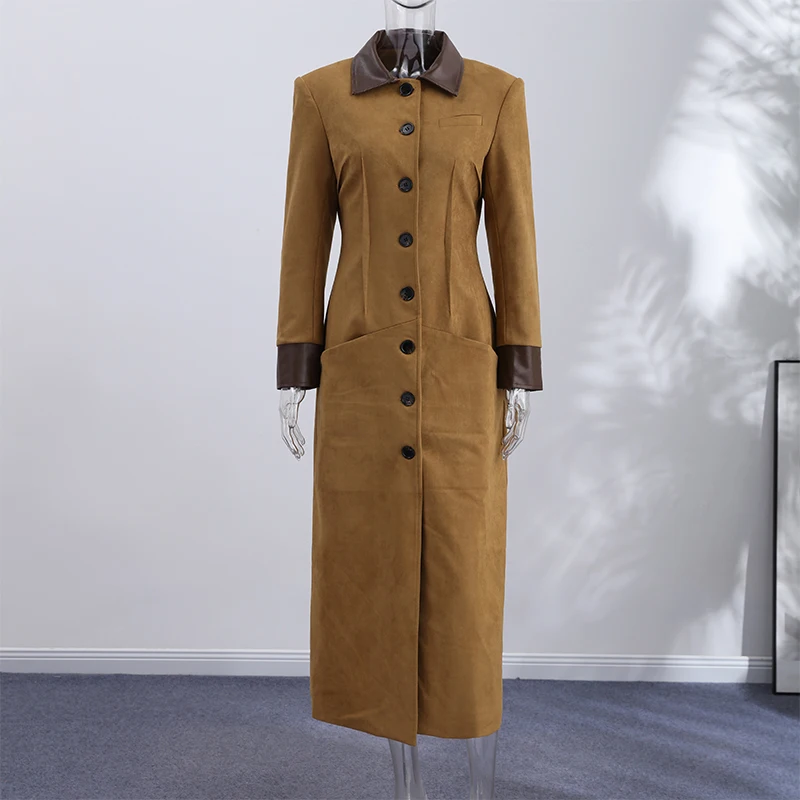 Kunstleder-Patchwork-Wildleder-Taillenbetonte Lange Mäntel für Damen, Street-Style, Reverskragen, Vollarm, Paneelierte Schlanke Jacken, Schicke Damen-Oberbekleidung – Detail 4