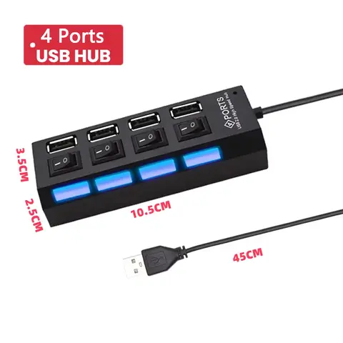 USB 2.0 허브 멀티 USB 분배기 포트 4 In 1 허브 사용 전원 어댑터 4 포트 다중 확장기 허브(스위치 포함) 가정용 45cm 케이블