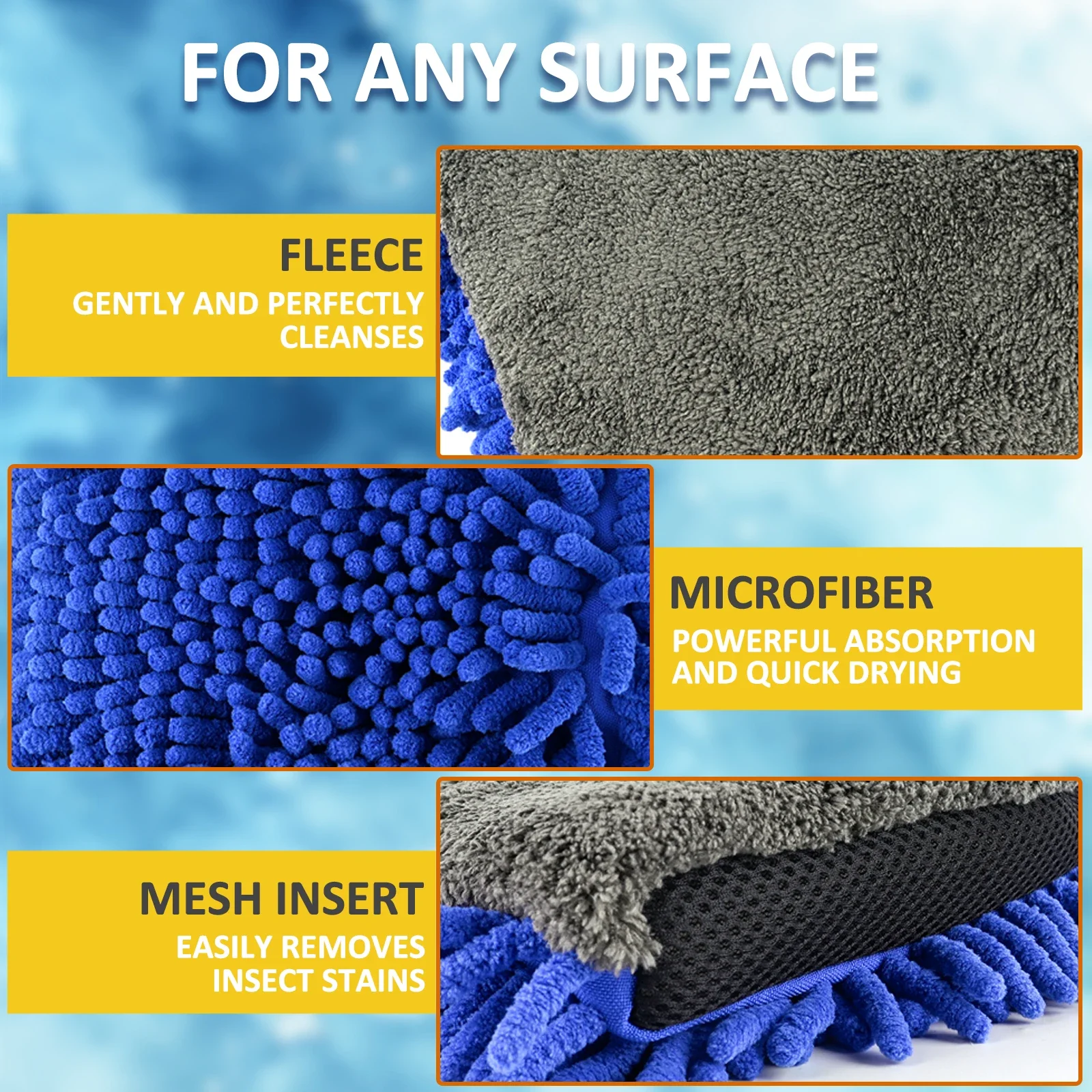 BEAR FORCE Waterproof 3-Layer Microfiber Gloves, Chenille Premium Scratch-Free Microfiber Wash Mitt – Car Wash Detailing