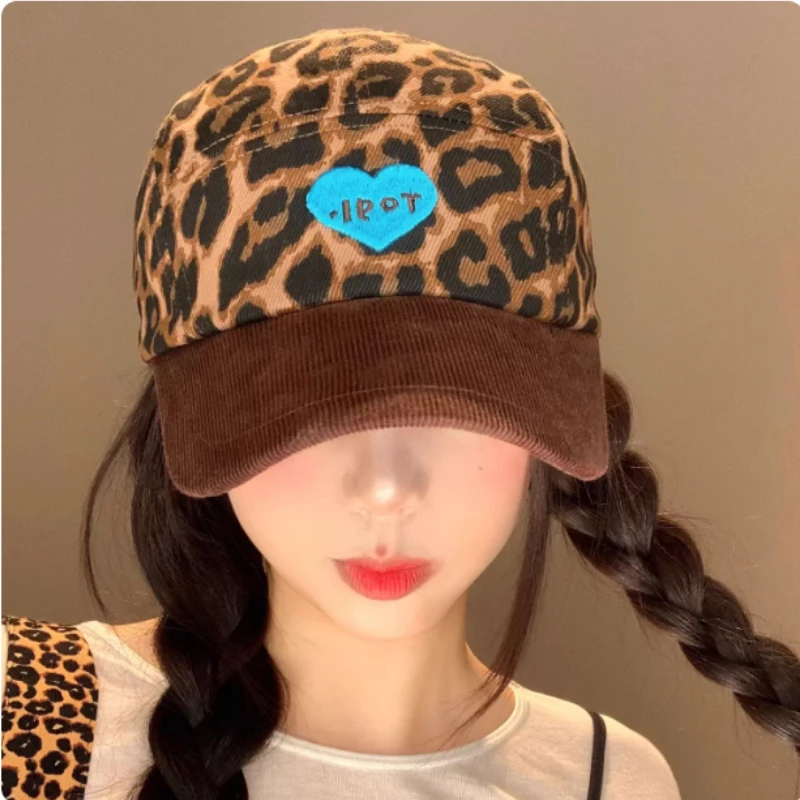 Niche Leopard Print Love Embroidery Corduroy Splicing Baseball Cap Spring and Autumn Sunshade Adjustable Hip Hop Hat for Women